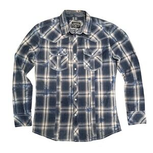 BKE Vintage 1967 Mens Tailored Fit Western Plaid Pearl Snap Shirt Blue Tan M
